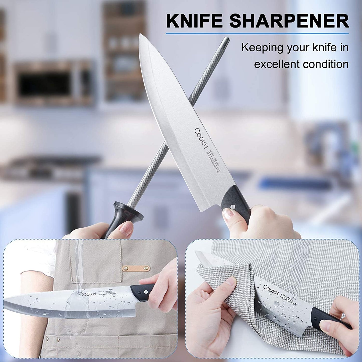 Sets with Block, 15-Piece Kitchen Knife Set with Sharpener, Germany Stainless Steel Knife Block Set and Serrated Steak Knives