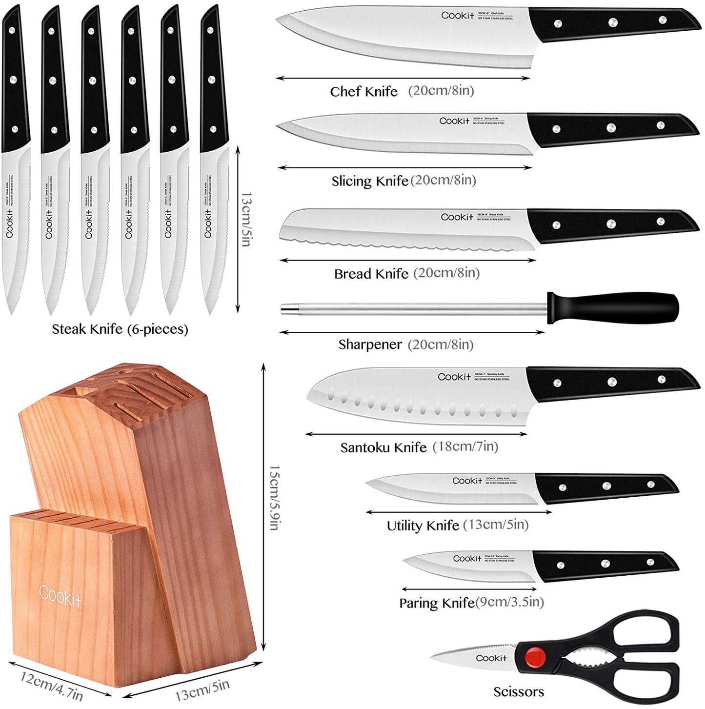 Sets with Block, 15-Piece Kitchen Knife Set with Sharpener, Germany Stainless Steel Knife Block Set and Serrated Steak Knives