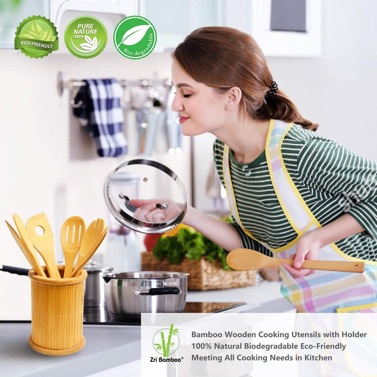 Wooden Spoons Cooking Utensils Set - 9 Pieces Bamboo Spatulas Tong and 1 Holder, Heat Resistant for Non Stick Cookware