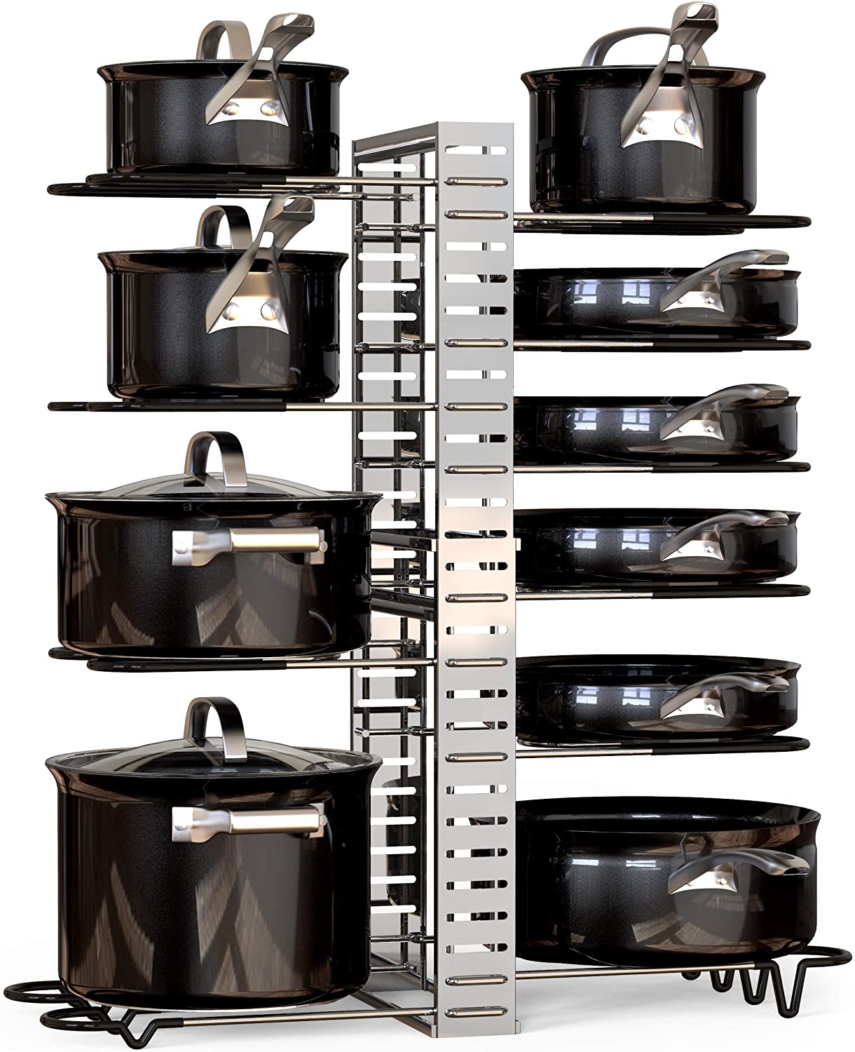 Adjustable Lid Rack for Kitchen Counter and Cabinet, Lid Organizer for 10+ Pots and Pans with 6 DIY Methods (Silver)