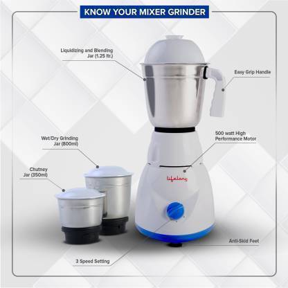 Lifelong LLCMB02 500 W Mixer Grinder (White, 3 Jars) & 1100 W Dry Iron (White, Blue) Super Combo