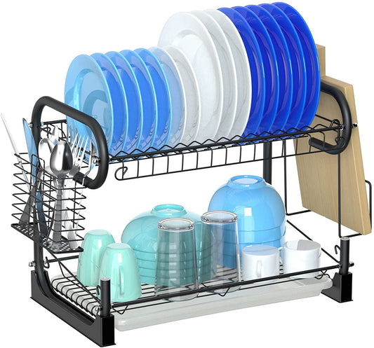 Dish Drying Rack, Packism 2 Tier Dish Rack with Utensil Holder, Cutting Board Holder and Dish Drainer for Kitchen Counter Top Racks of Dishes, Black