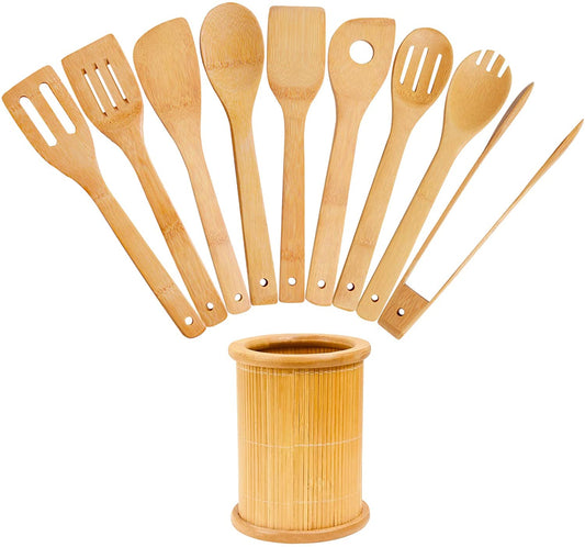 Wooden Spoons Cooking Utensils Set - 9 Pieces Bamboo Spatulas Tong and 1 Holder, Heat Resistant for Non Stick Cookware