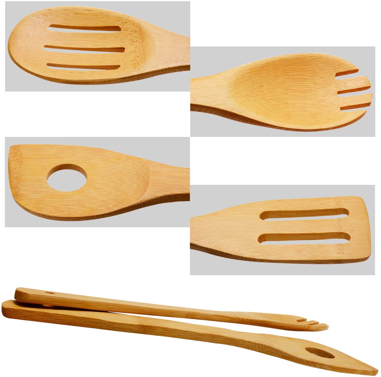 Wooden Spoons Cooking Utensils Set - 9 Pieces Bamboo Spatulas Tong and 1 Holder, Heat Resistant for Non Stick Cookware