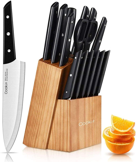Sets with Block, 15-Piece Kitchen Knife Set with Sharpener, Germany Stainless Steel Knife Block Set and Serrated Steak Knives