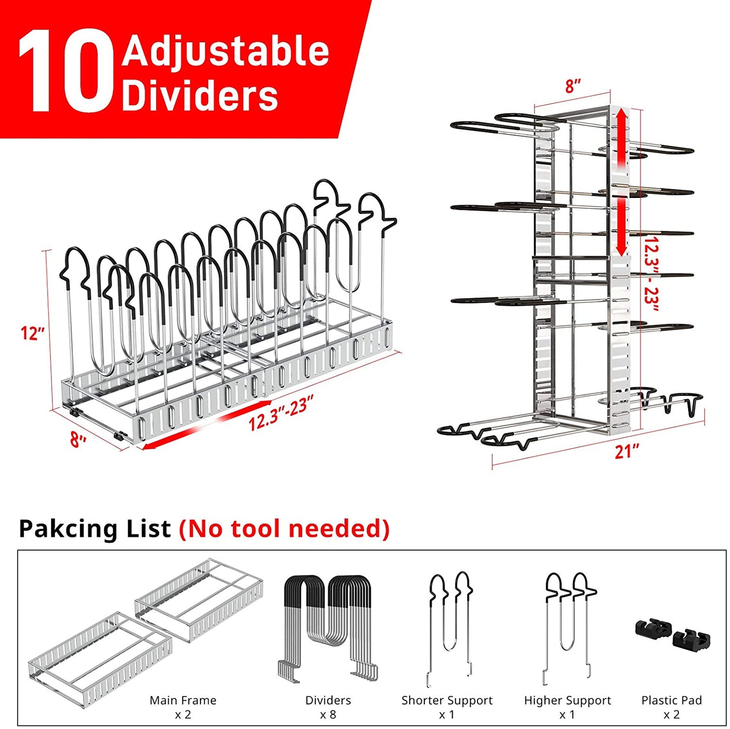 Adjustable Lid Rack for Kitchen Counter and Cabinet, Lid Organizer for 10+ Pots and Pans with 6 DIY Methods (Silver)
