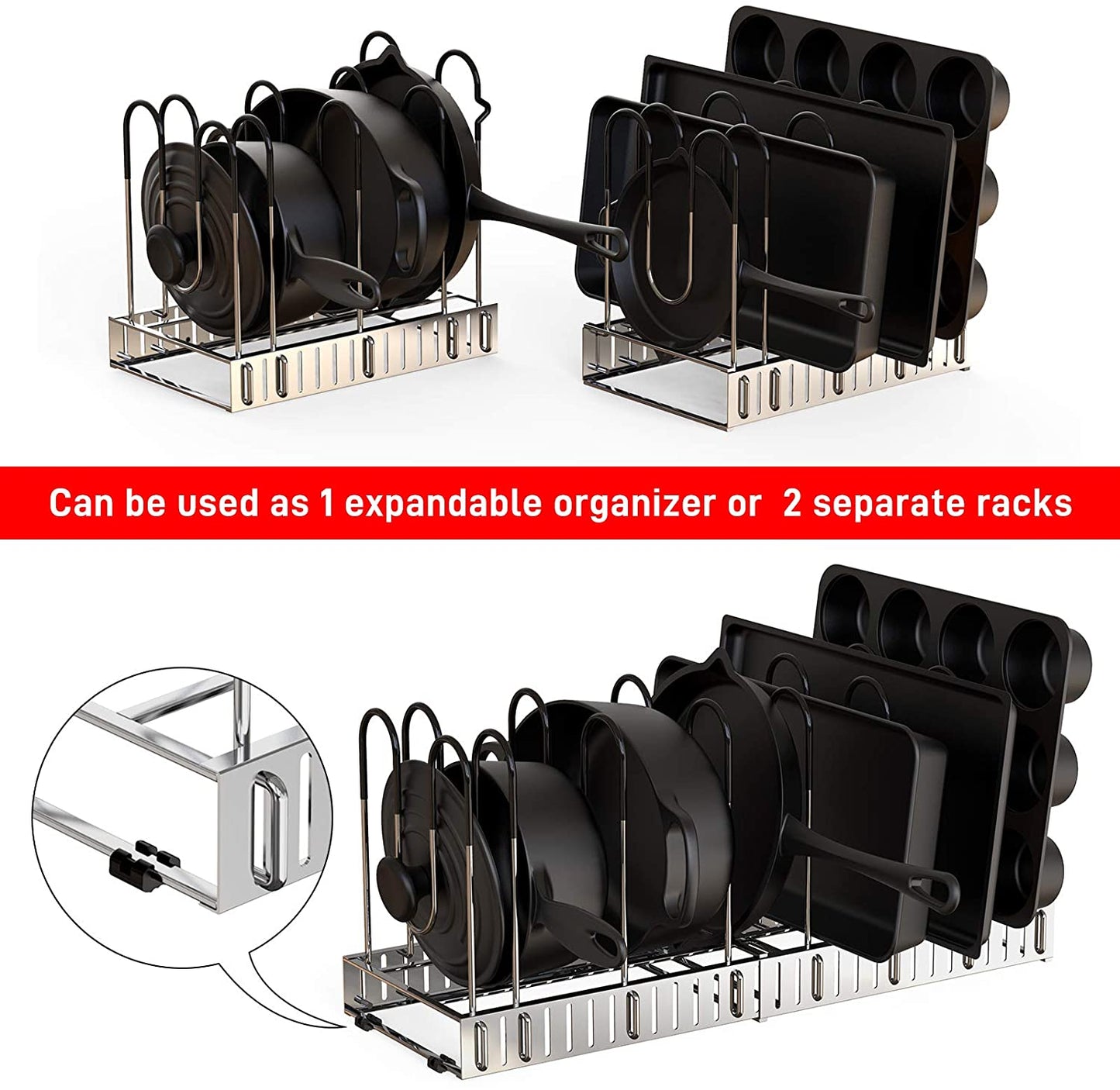 Adjustable Lid Rack for Kitchen Counter and Cabinet, Lid Organizer for 10+ Pots and Pans with 6 DIY Methods (Silver)