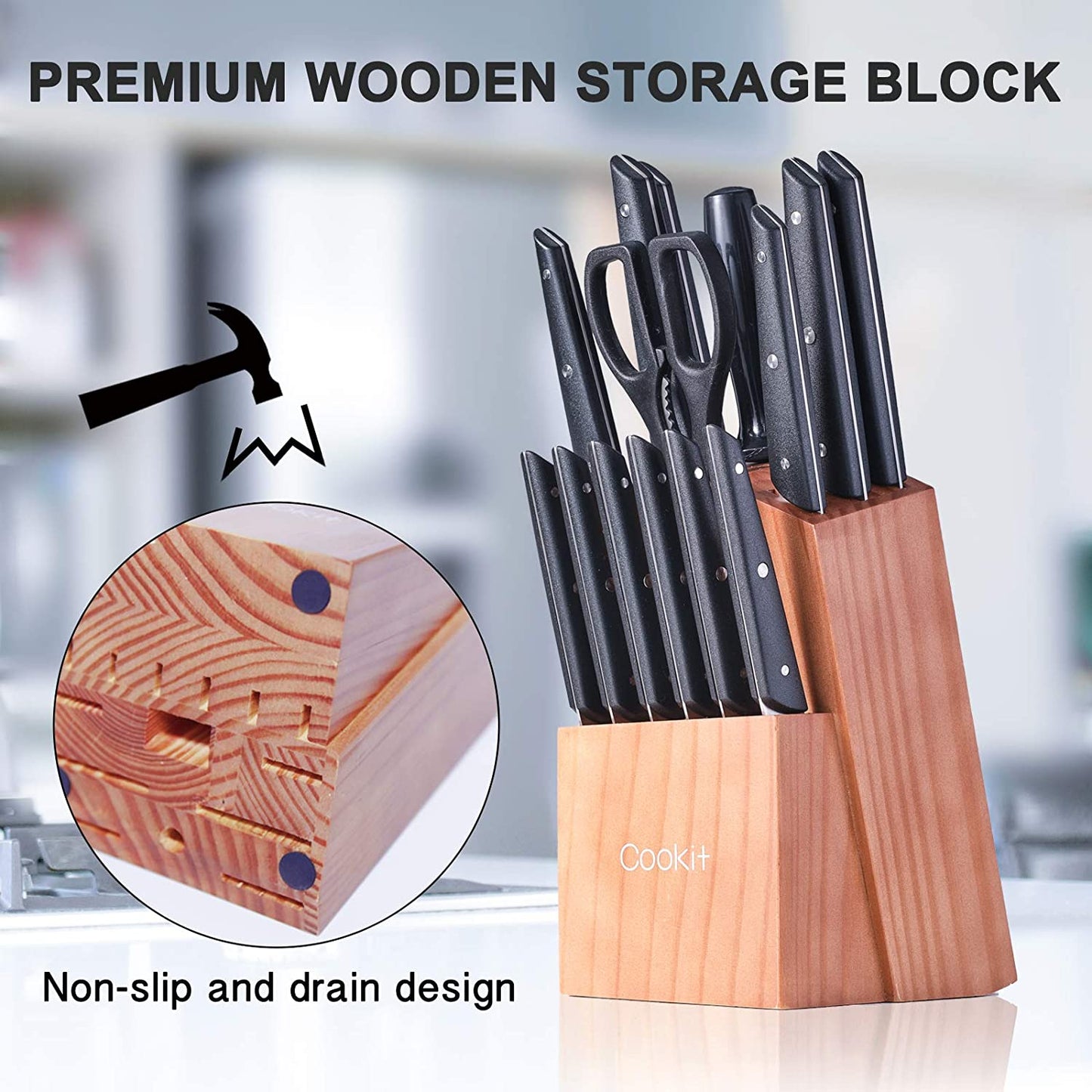 Sets with Block, 15-Piece Kitchen Knife Set with Sharpener, Germany Stainless Steel Knife Block Set and Serrated Steak Knives