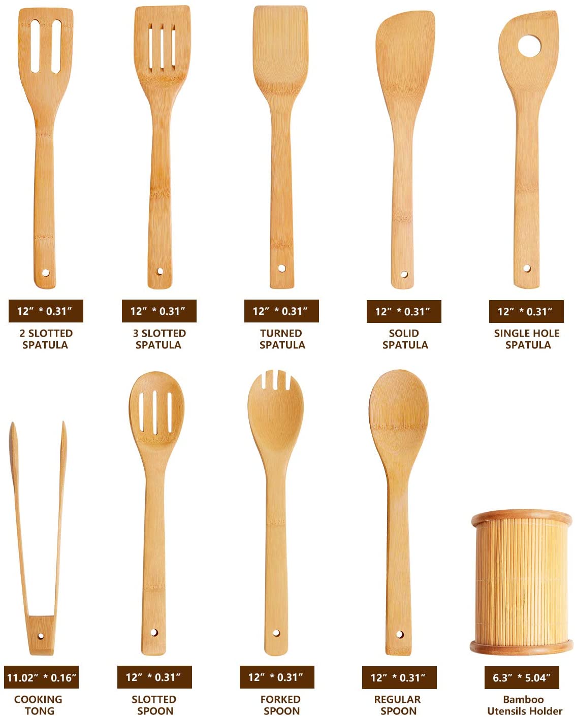 Wooden Spoons Cooking Utensils Set - 9 Pieces Bamboo Spatulas Tong and 1 Holder, Heat Resistant for Non Stick Cookware