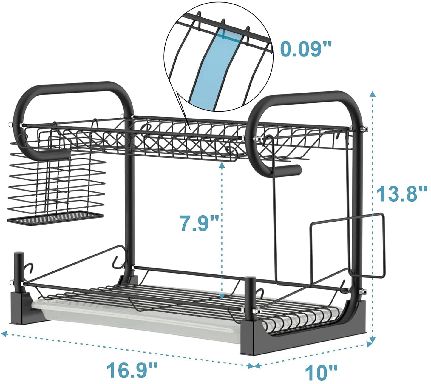 Dish Drying Rack, Packism 2 Tier Dish Rack with Utensil Holder, Cutting Board Holder and Dish Drainer for Kitchen Counter Top Racks of Dishes, Black