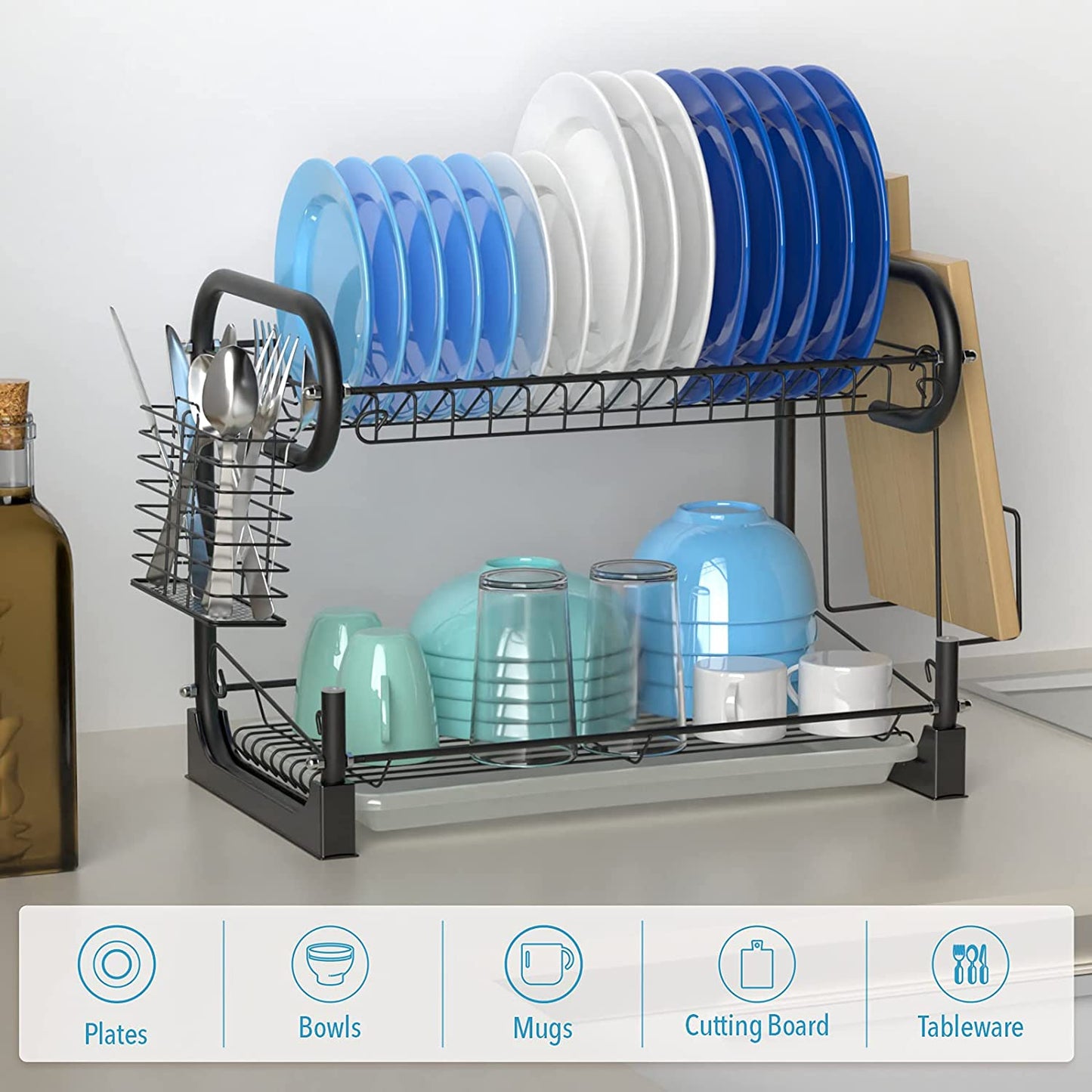 Dish Drying Rack, Packism 2 Tier Dish Rack with Utensil Holder, Cutting Board Holder and Dish Drainer for Kitchen Counter Top Racks of Dishes, Black
