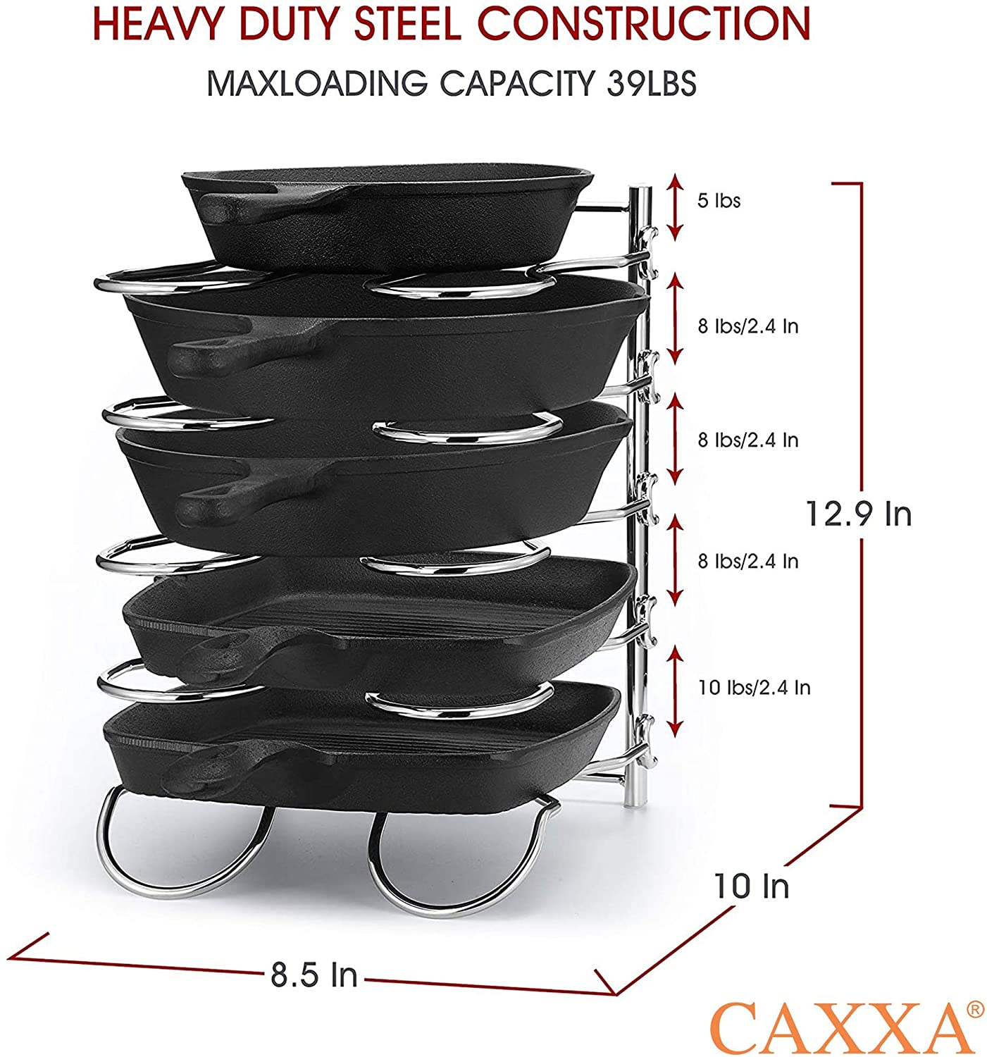 CAXXA Heavy Duty Pan Rack, Pot Lid Rack, Kitchen Cabinet Pantry Cookware Organizer Rack Holder | 5 Adjustable Dividers, Chrome