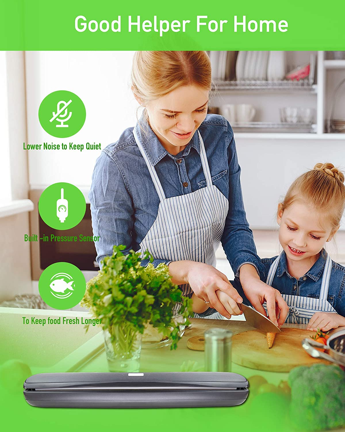 Vacuum Sealer Machine with 15 Vacuum Bags, Compact Automatic Sealer Machine with Dry & Moist Food Modes for Kitchen Food Preservation