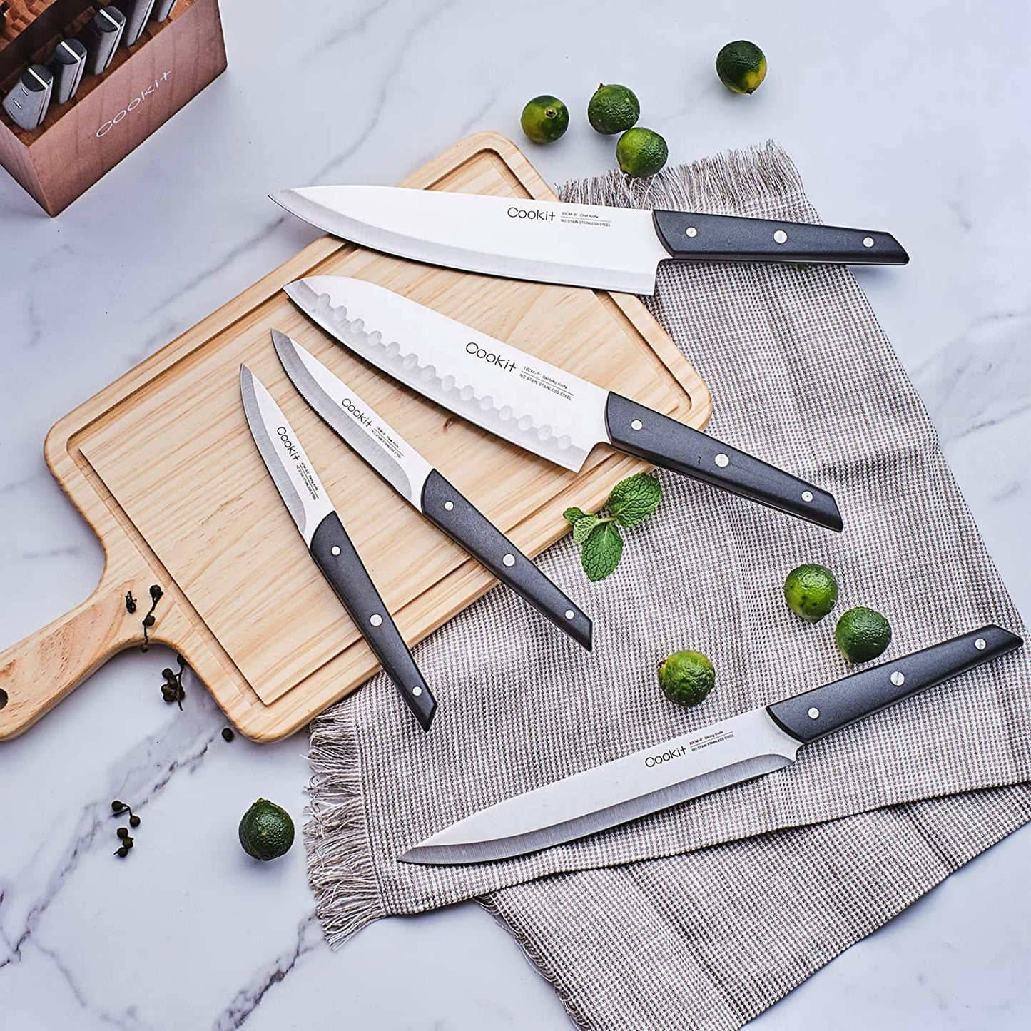 Sets with Block, 15-Piece Kitchen Knife Set with Sharpener, Germany Stainless Steel Knife Block Set and Serrated Steak Knives