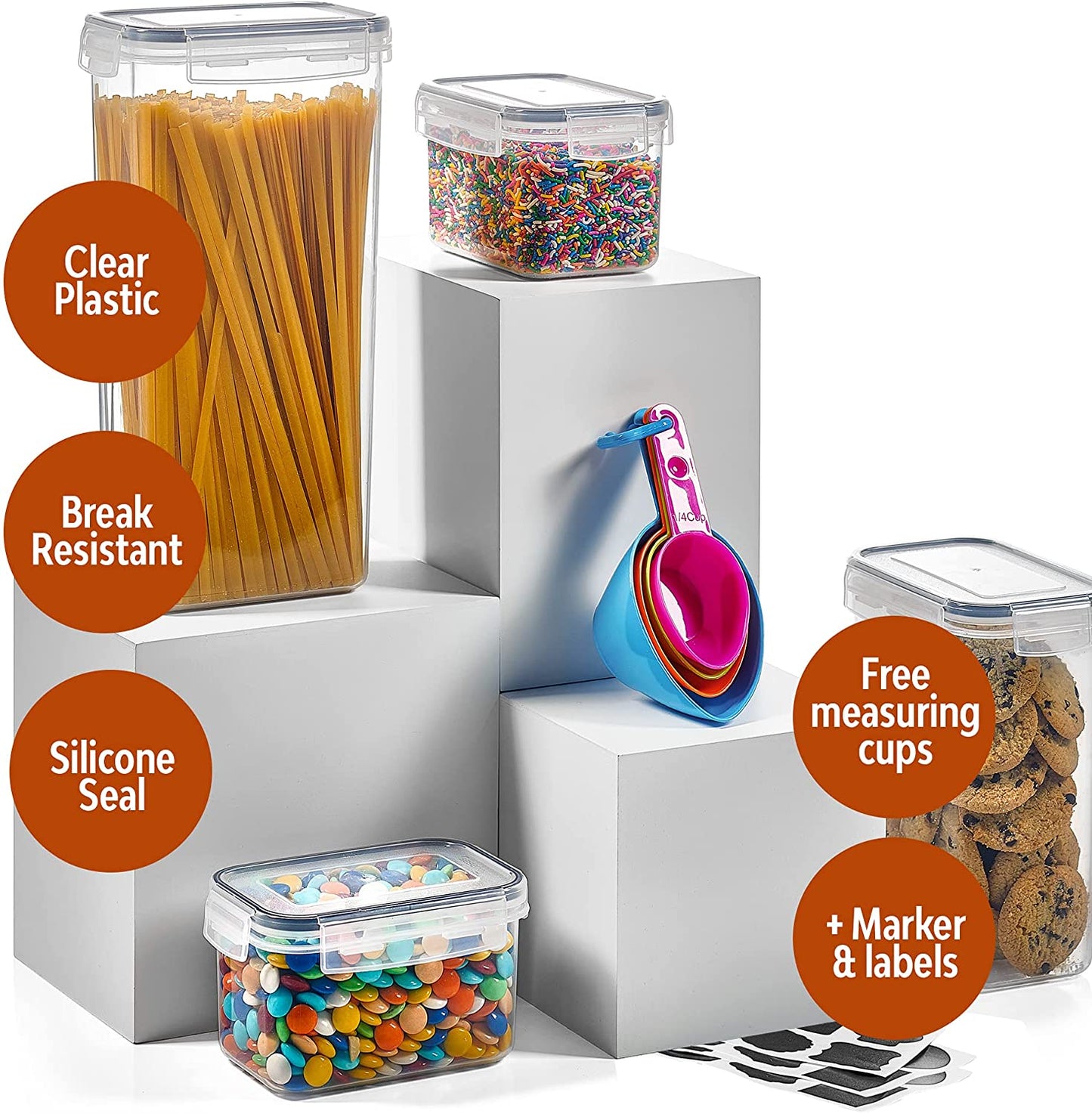 Clear Plastic Kitchen and Pantry Organization Canisters with Durable Lids for Cereal, Dry Food Flour & Sugar - Labels, Marker & Spoon Se