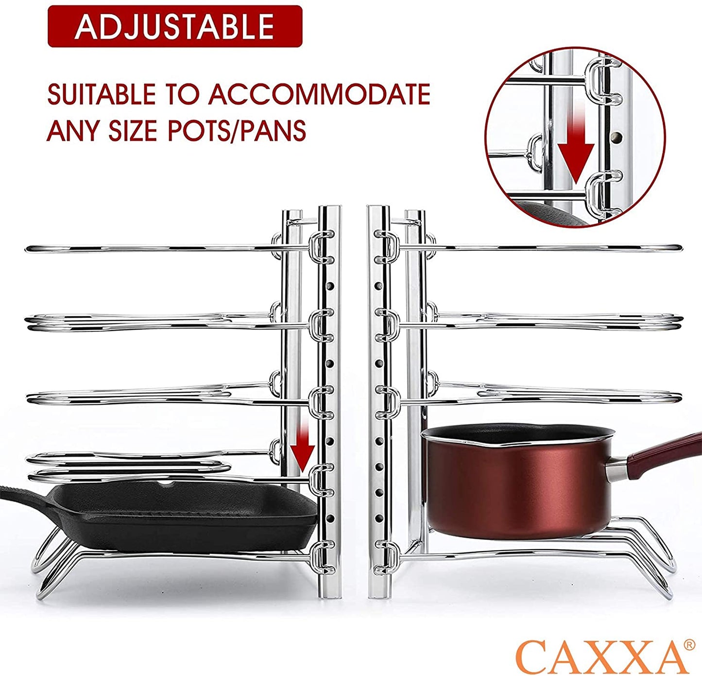 CAXXA Heavy Duty Pan Rack, Pot Lid Rack, Kitchen Cabinet Pantry Cookware Organizer Rack Holder | 5 Adjustable Dividers, Chrome