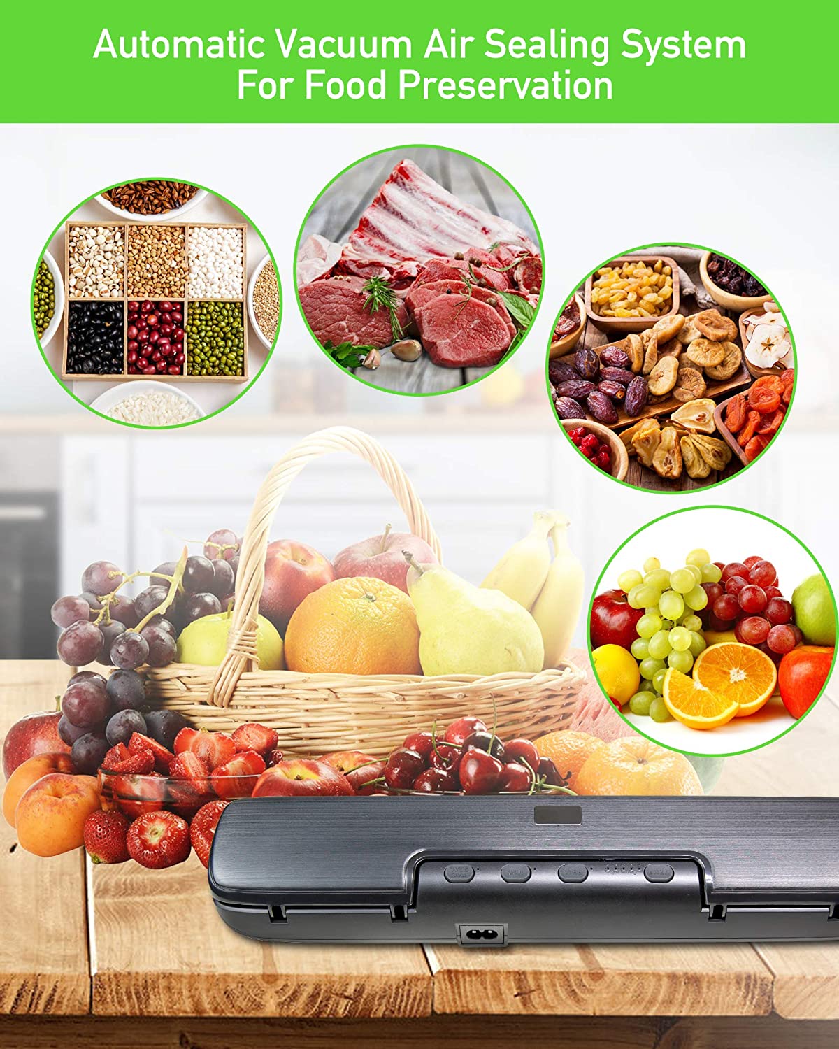 Vacuum Sealer Machine with 15 Vacuum Bags, Compact Automatic Sealer Machine with Dry & Moist Food Modes for Kitchen Food Preservation