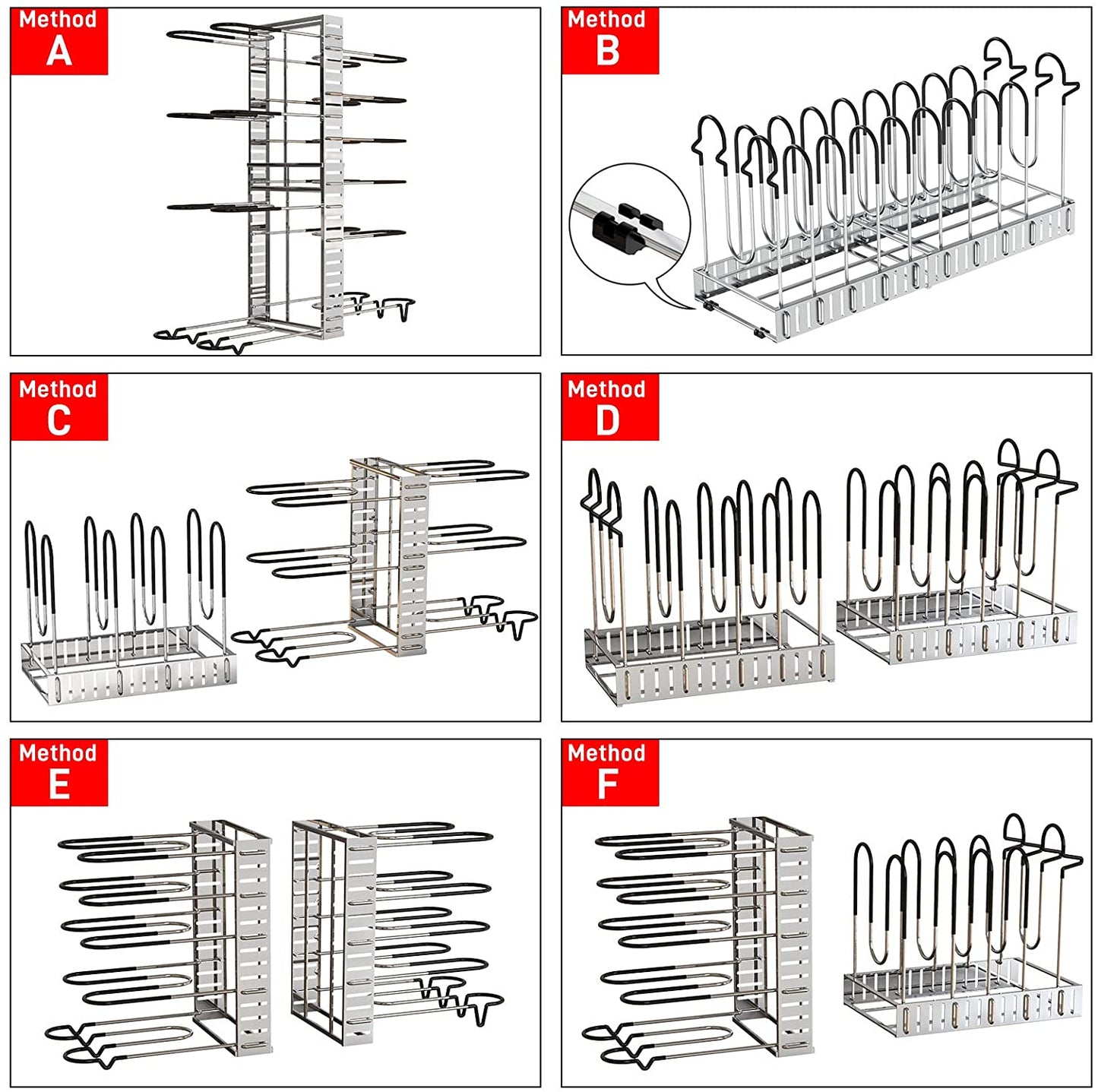 Adjustable Lid Rack for Kitchen Counter and Cabinet, Lid Organizer for 10+ Pots and Pans with 6 DIY Methods (Silver)