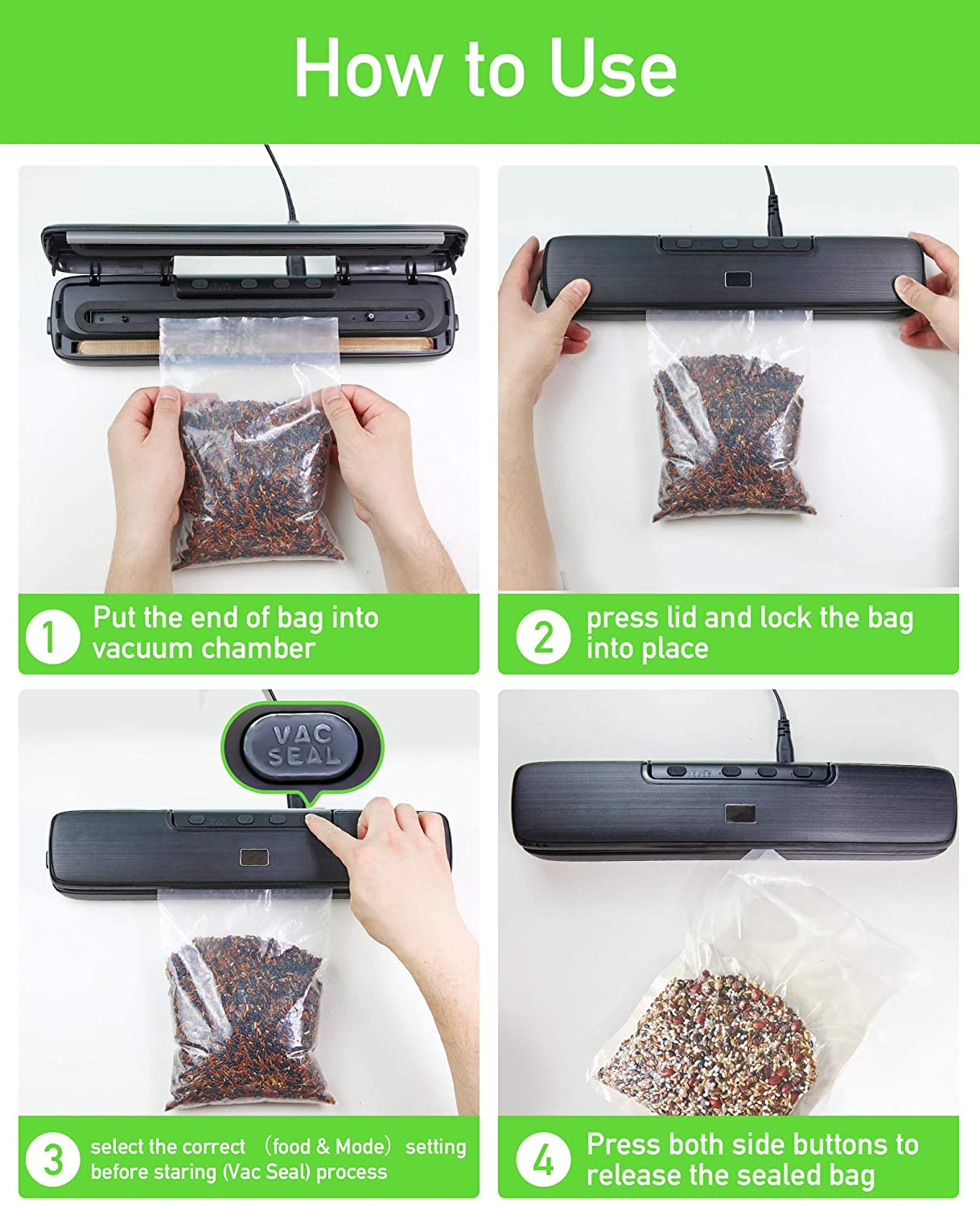 Vacuum Sealer Machine with 15 Vacuum Bags, Compact Automatic Sealer Machine with Dry & Moist Food Modes for Kitchen Food Preservation