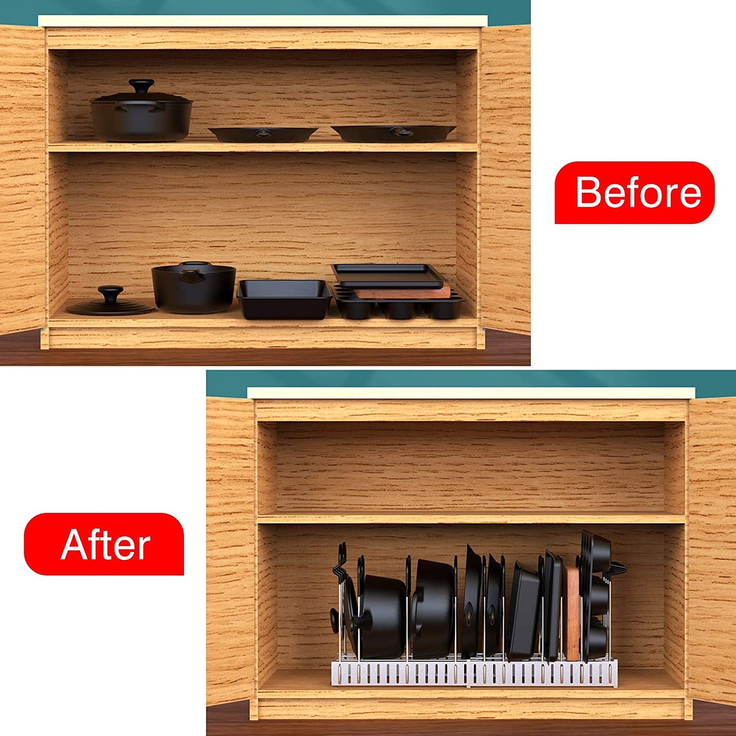 Adjustable Lid Rack for Kitchen Counter and Cabinet, Lid Organizer for 10+ Pots and Pans with 6 DIY Methods (Silver)