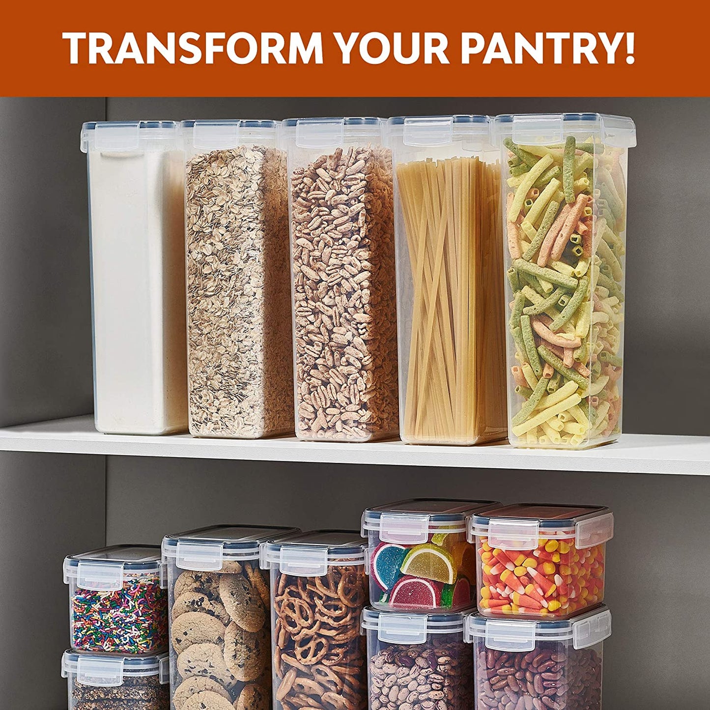 Clear Plastic Kitchen and Pantry Organization Canisters with Durable Lids for Cereal, Dry Food Flour & Sugar - Labels, Marker & Spoon Se