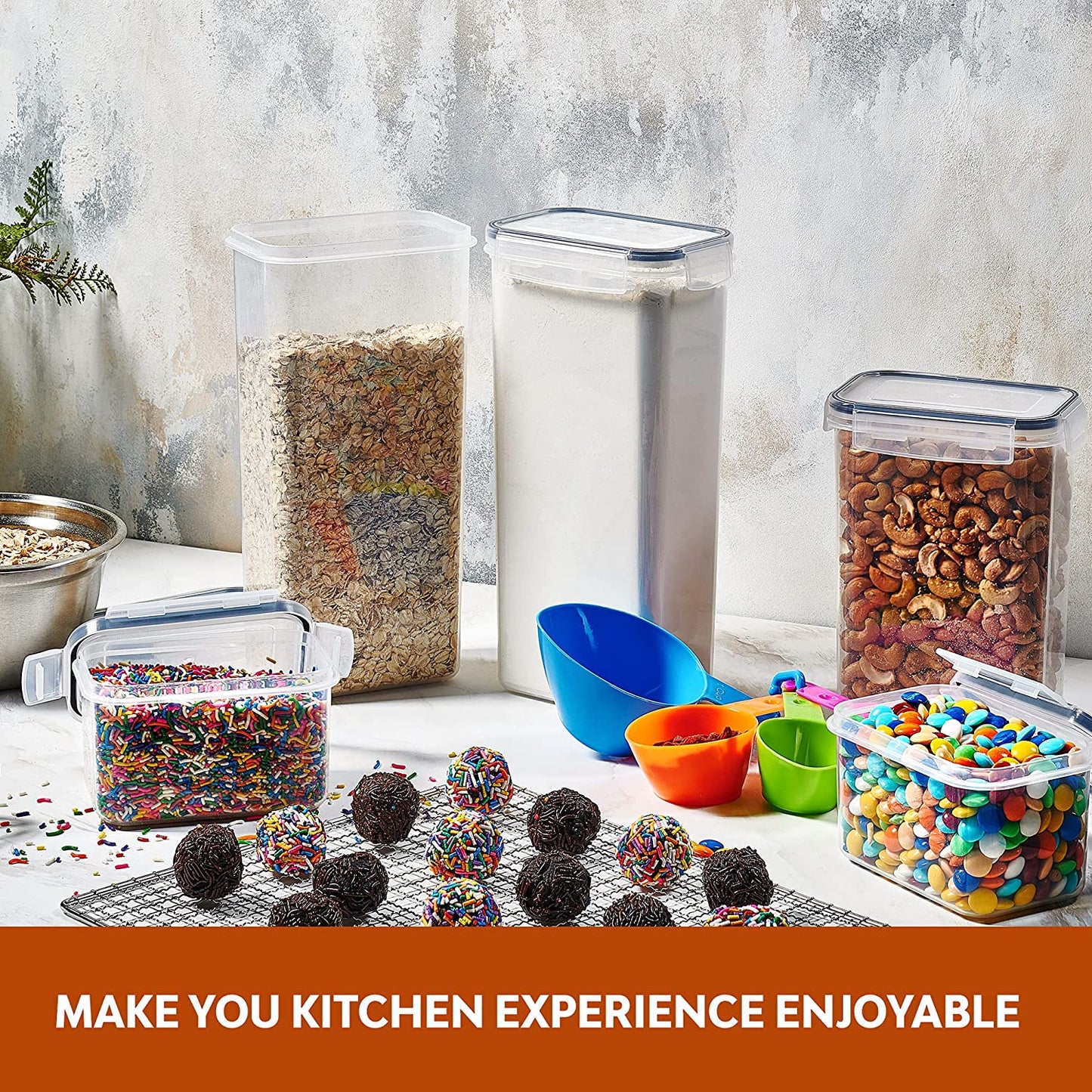 Clear Plastic Kitchen and Pantry Organization Canisters with Durable Lids for Cereal, Dry Food Flour & Sugar - Labels, Marker & Spoon Se