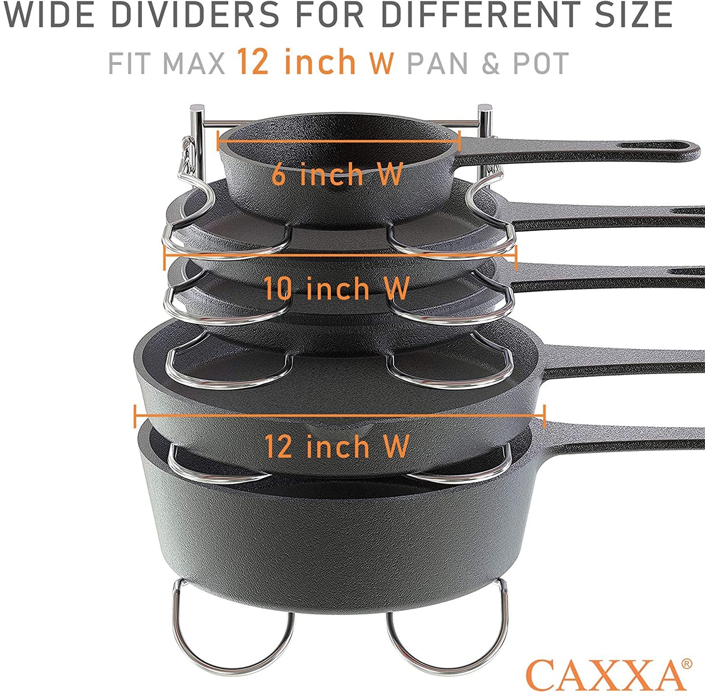 CAXXA Heavy Duty Pan Rack, Pot Lid Rack, Kitchen Cabinet Pantry Cookware Organizer Rack Holder | 5 Adjustable Dividers, Chrome