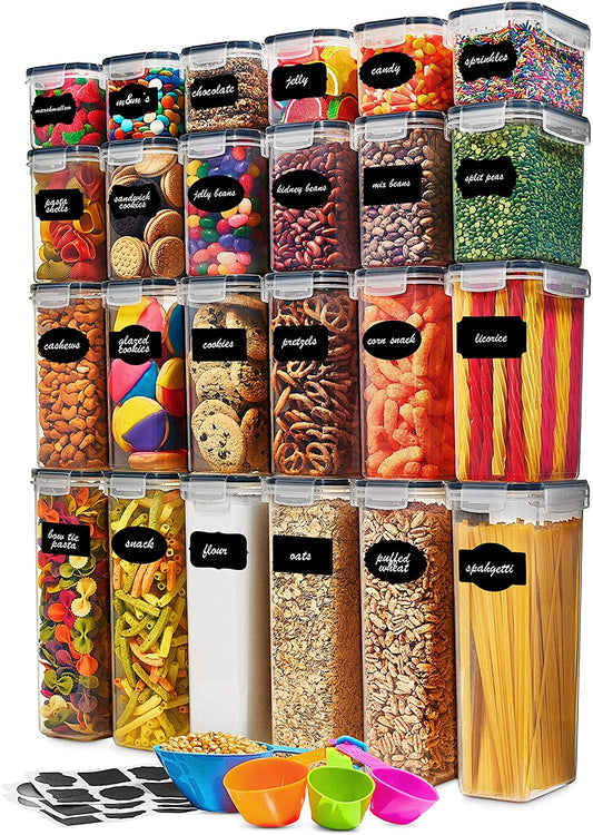 Clear Plastic Kitchen and Pantry Organization Canisters with Durable Lids for Cereal, Dry Food Flour & Sugar - Labels, Marker & Spoon Se